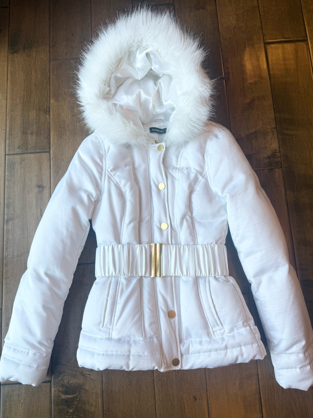 bebe Hooded Belted Puffer Jacket in White- vintage